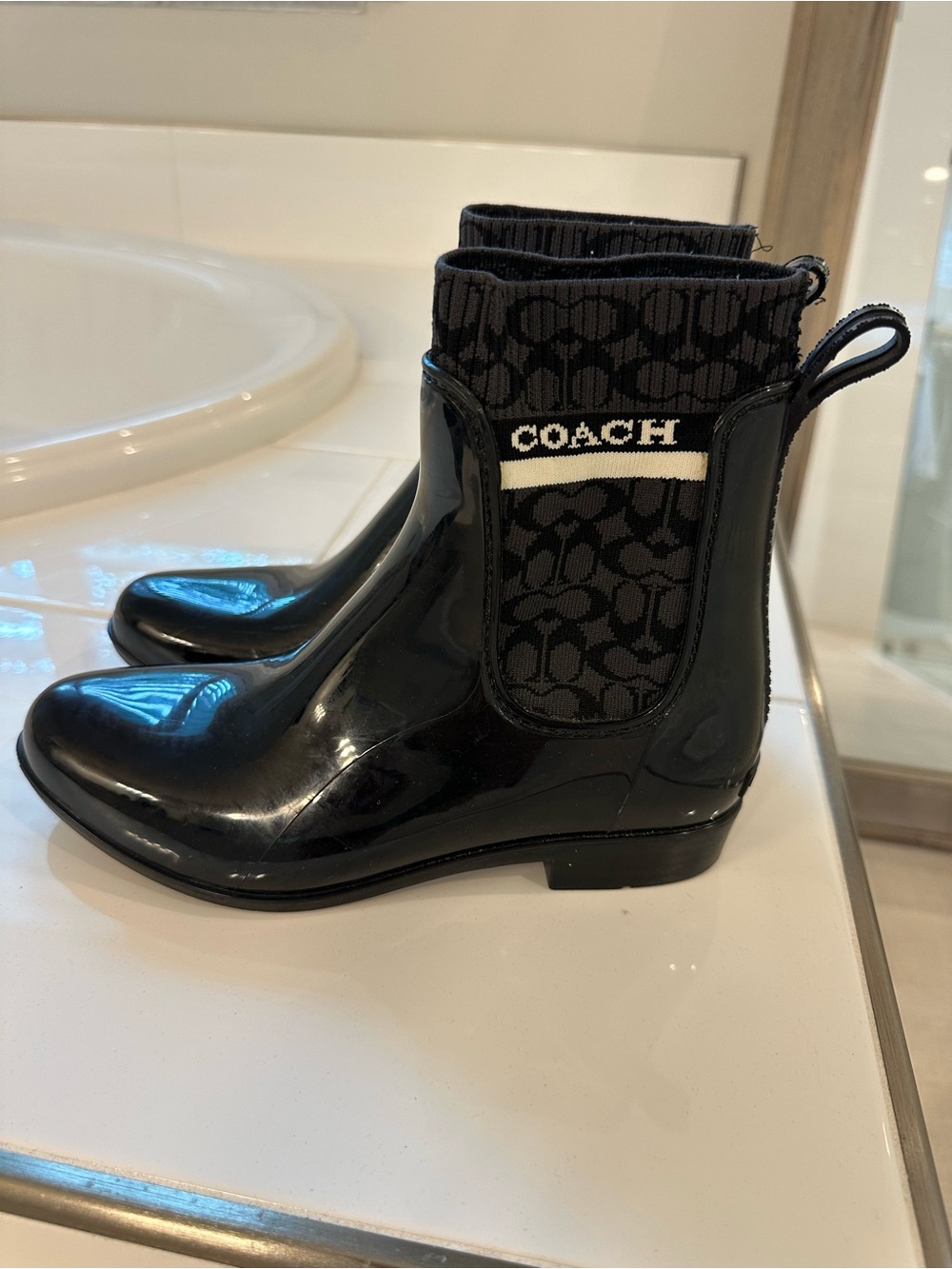 Coach Black Patent Rain Booties with Signature Knit Ankle
